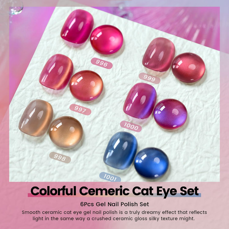 Moonlight ceramic cat eye set detailed swatches showing 6 gel polish colors 996-1001 with smooth ceramic gloss silky texture and magnetic effect
