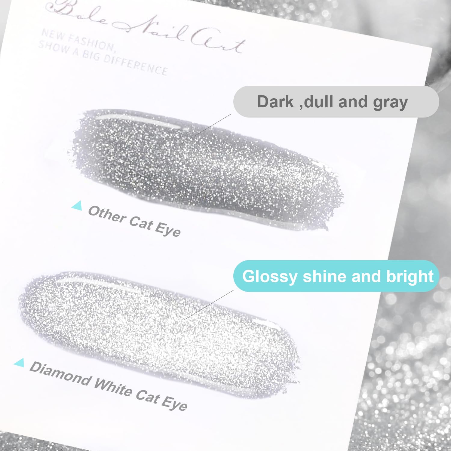 Diamond silver bright shimmer vs other cat eye comparison glossy shine bright vs dark dull gray topper overlay
