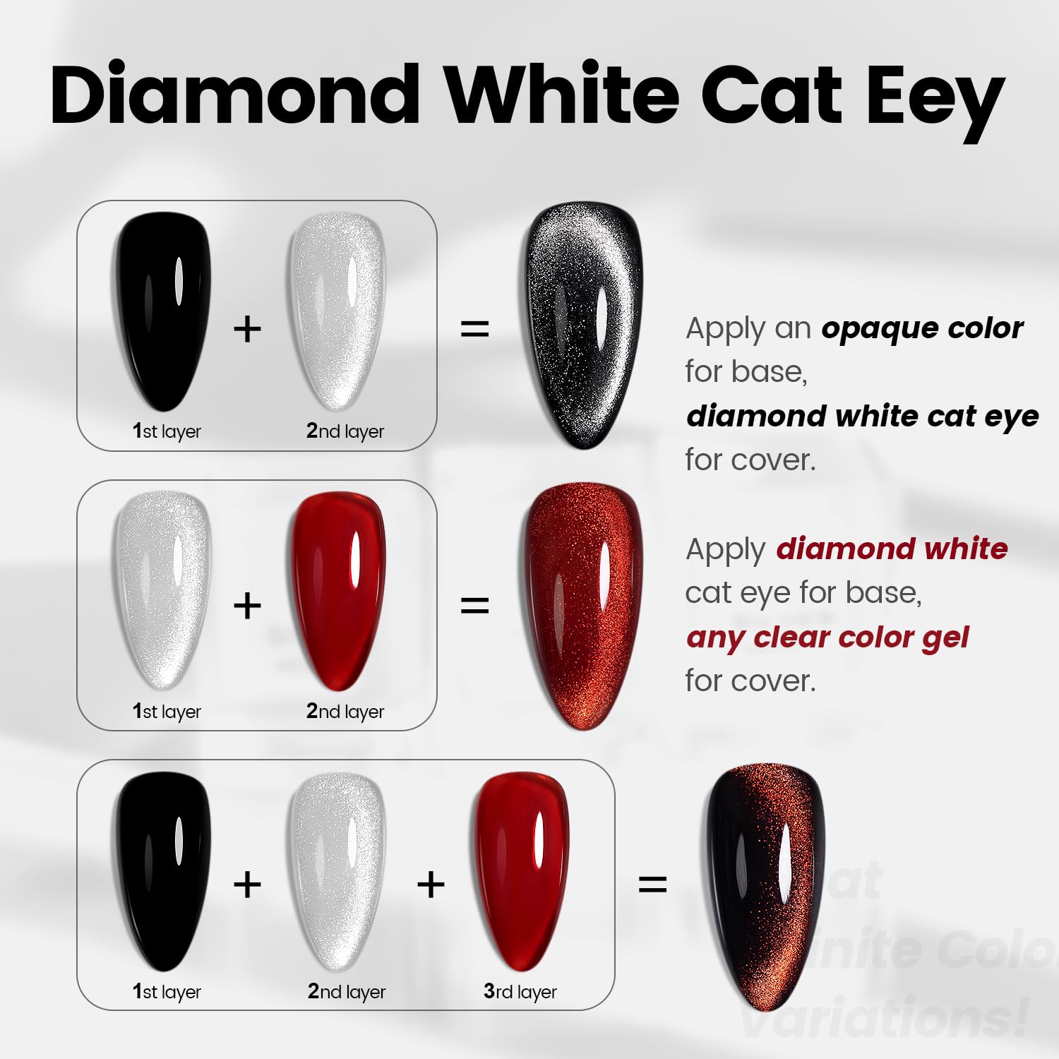 Diamond silver cat eye topper application tutorial versatile overlay black red clear gel layering effects
