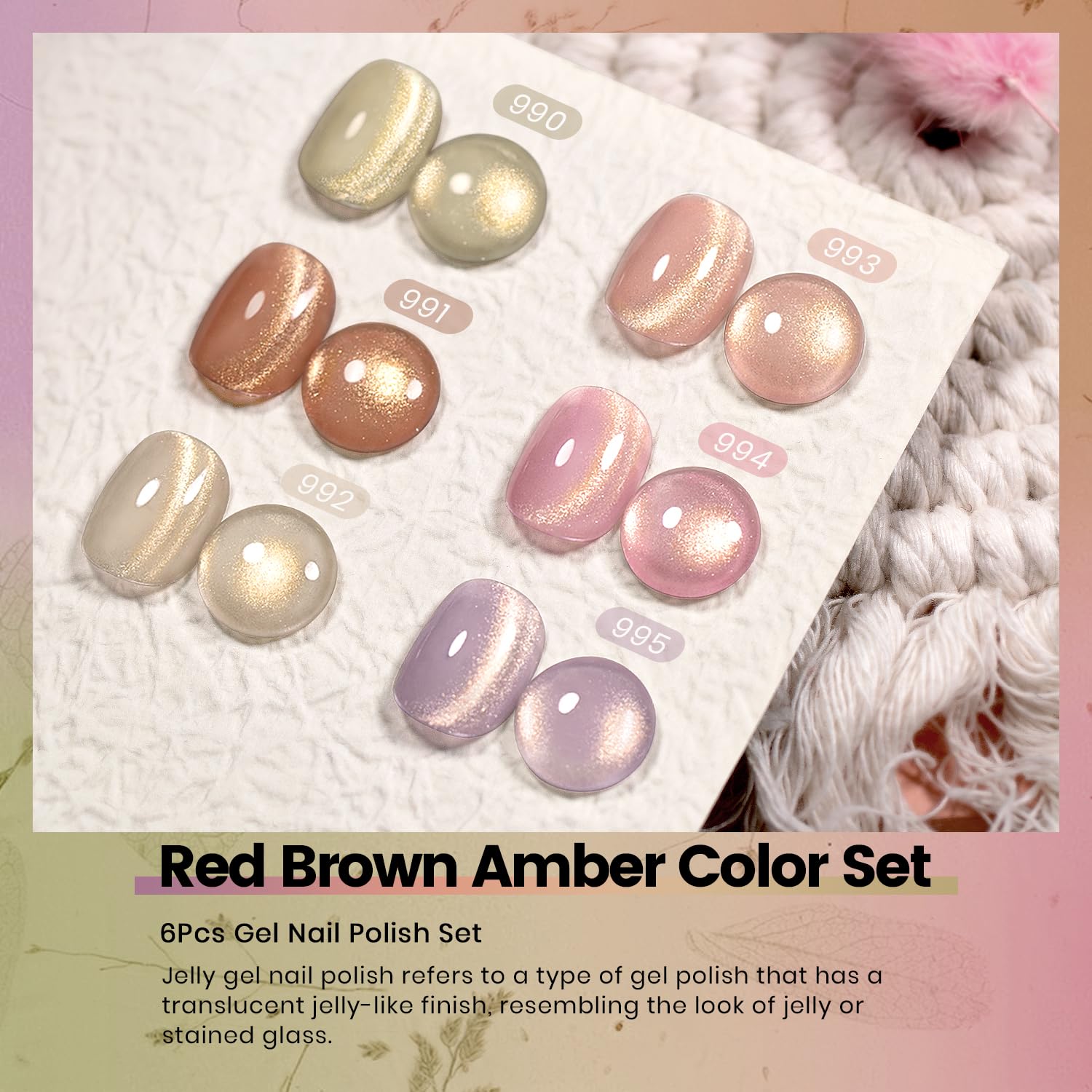 Golden horizon gold shimmer jelly gel polish detailed swatches showing 6 colors 990-995 with translucent jelly finish and golden sparkle for autumn
