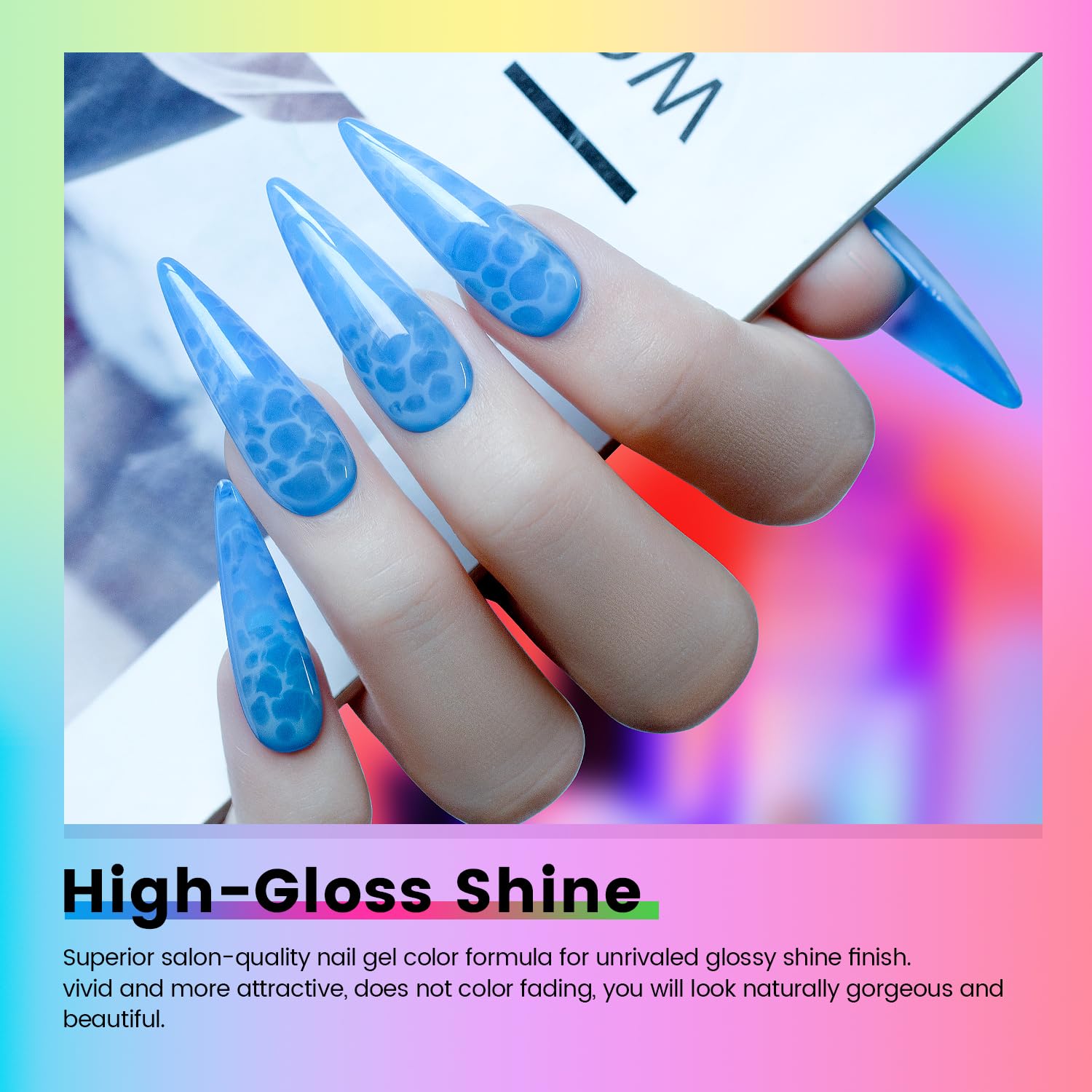 High-gloss shine valentine neon jelly gel polish on stiletto nails showing ultra-glossy translucent finish with blue leopard print
