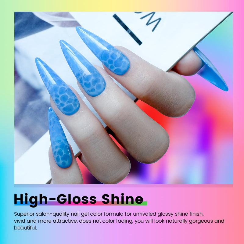 High-gloss shine valentine neon jelly gel polish on stiletto nails showing ultra-glossy translucent finish with blue leopard print
