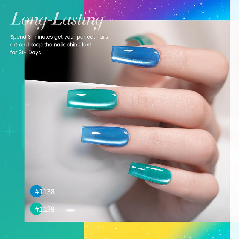 Neon blue teal cat eye gel polish 1138 1139 long-lasting 21 days electric fluorescent magnetic shimmer
