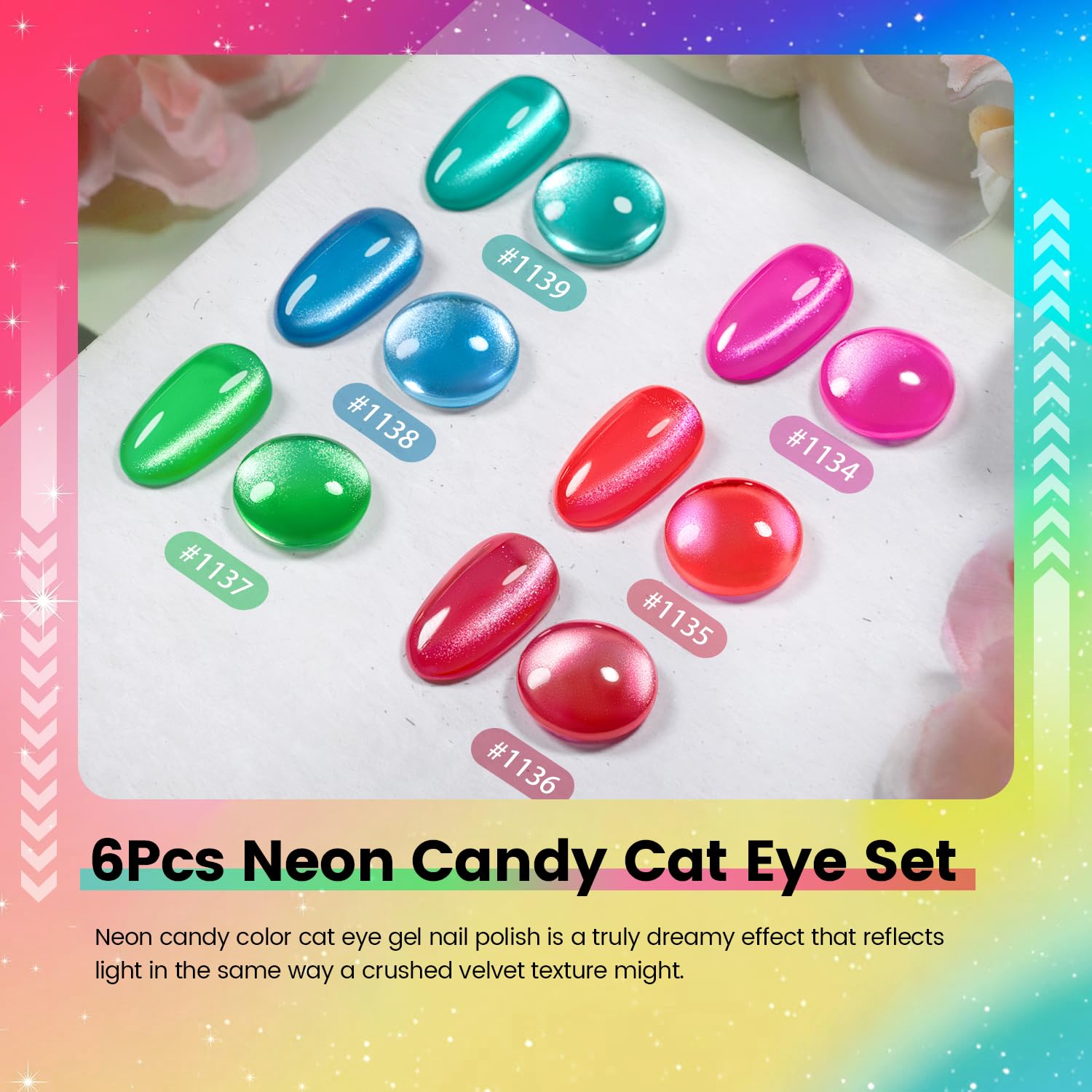 6Pcs Neon Candy cat eye set swatches 1135-1140 pink coral green blue teal purple bright magnetic shimmer

