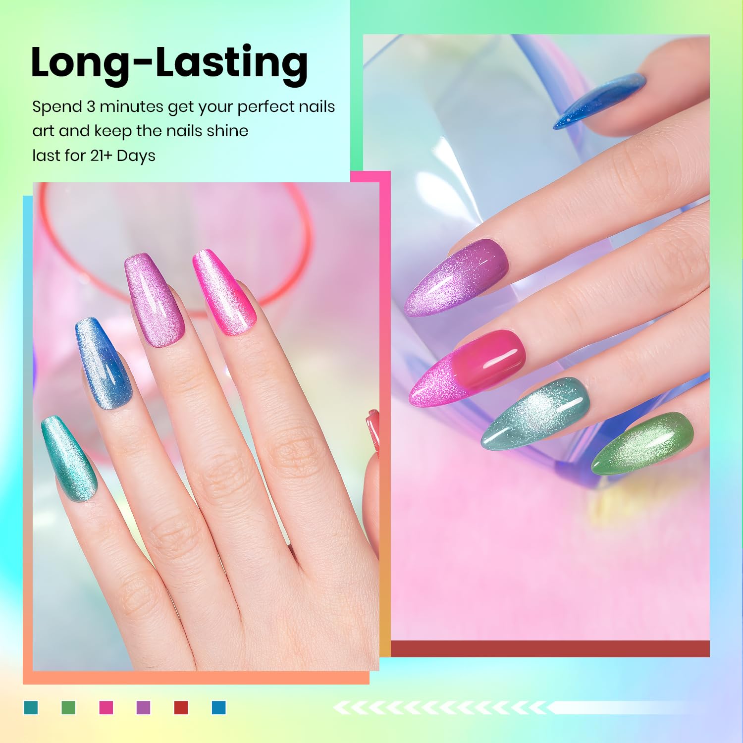Long-lasting neon pop diamond cat eye gel polish 21 days perfect nails summer festival party bold statement
