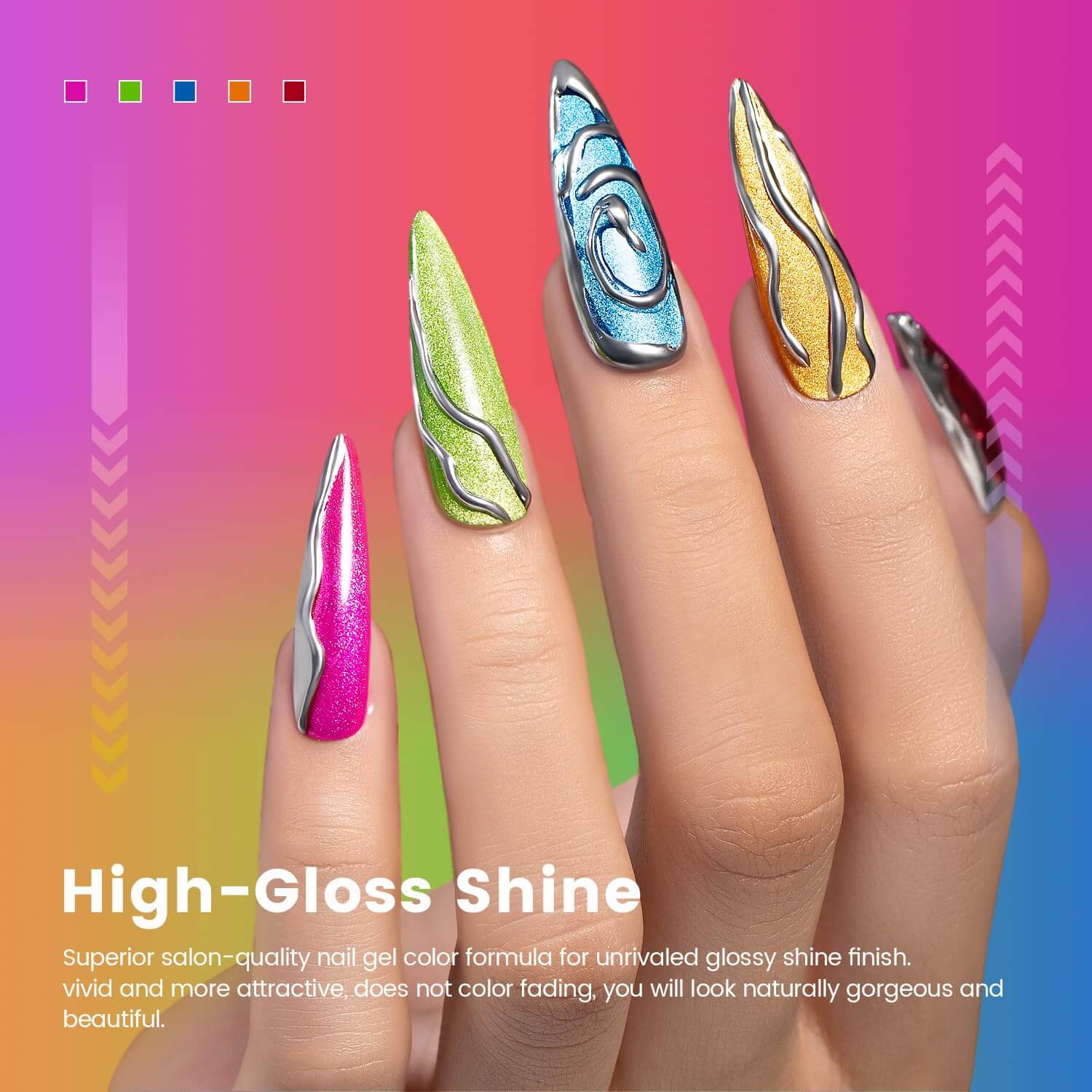 High-gloss shine valentine cat eye gel polish with metallic liner effect on stiletto nails showing romantic gradient colors
