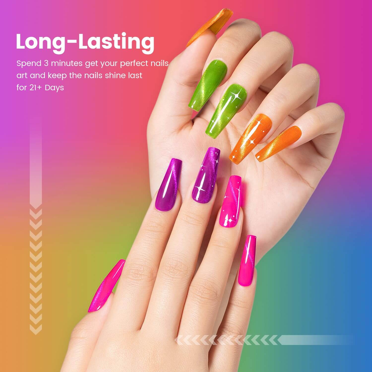 Long-lasting 21+ days valentine neon cat eye gel polish on coffin nails in pink orange green purple romantic colors
