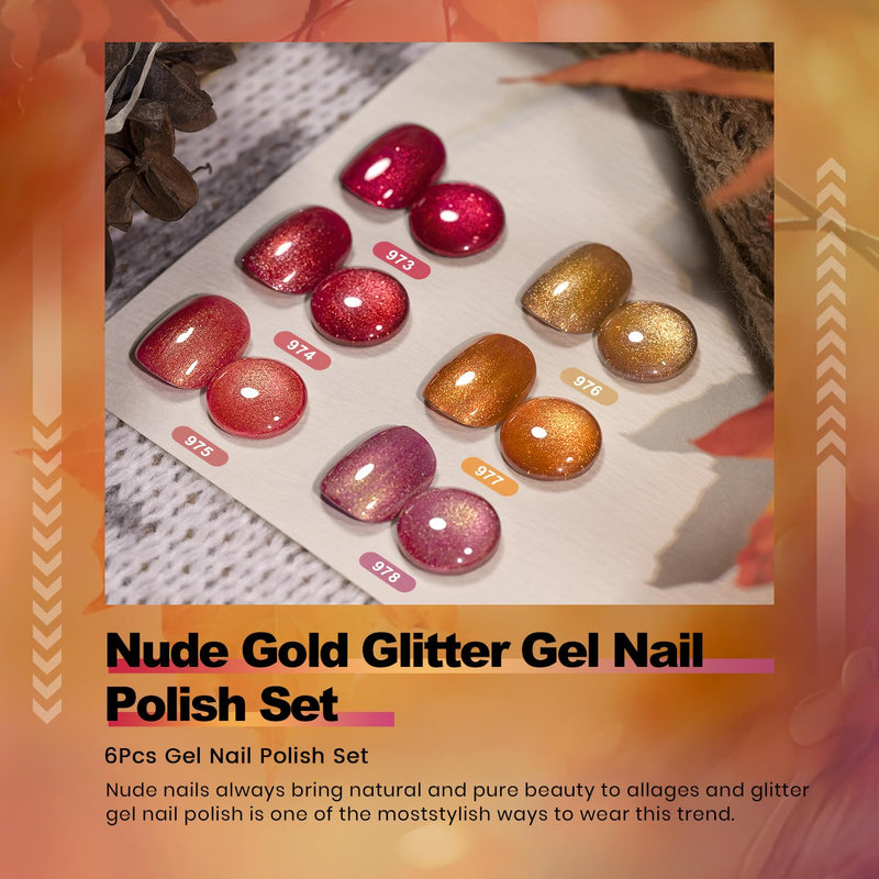 Nude gold glitter gel polish set 973-978 showing 6 shimmer colors wine red rose gold orange with holographic sparkle, TPO HEMA free
