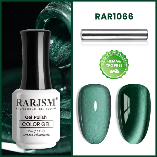 RAR1066 Dark Green cat eye gel polish 15ml HEMA TPO free vegan magnetic shimmer emerald forest green
