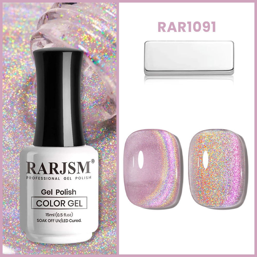 RAR1091 Rainbow Purple Pink holographic glitter gel polish 15ml HEMA TPO free vegan cat eye magnetic shimmer
