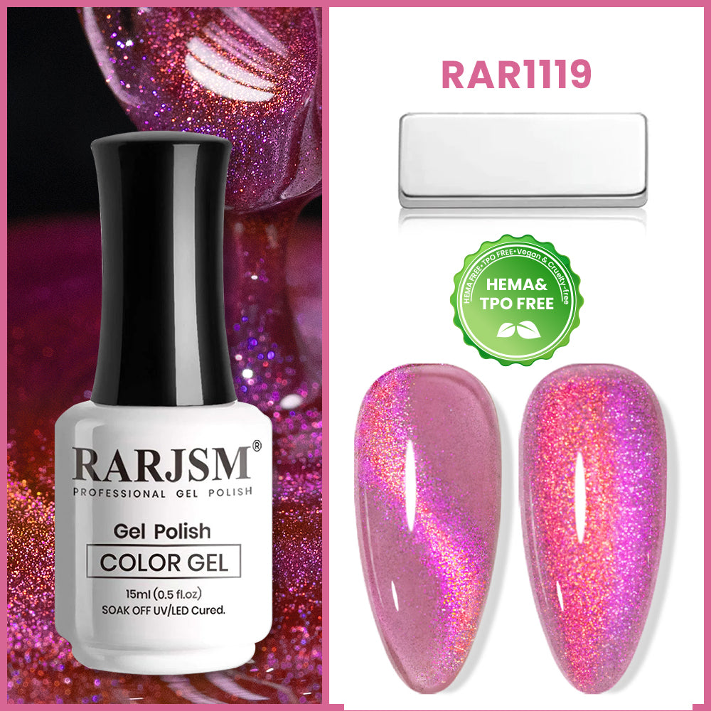 RAR1119 Aurora Rose Pink cat eye gel polish 15ml magnetic holographic shimmer HEMA TPO free vegan glitter
