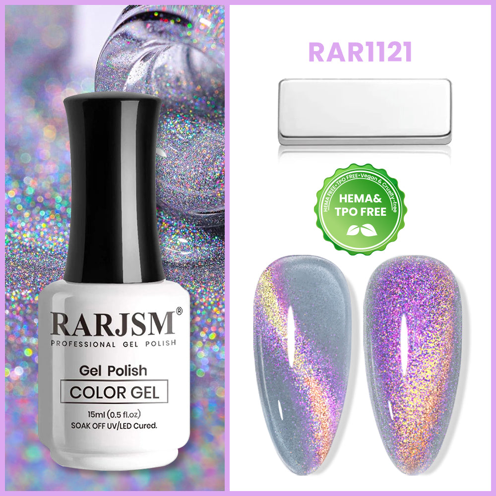 RAR1121 Aurora Gray Blue cat eye gel polish 15ml magnetic holographic shimmer HEMA TPO free vegan

