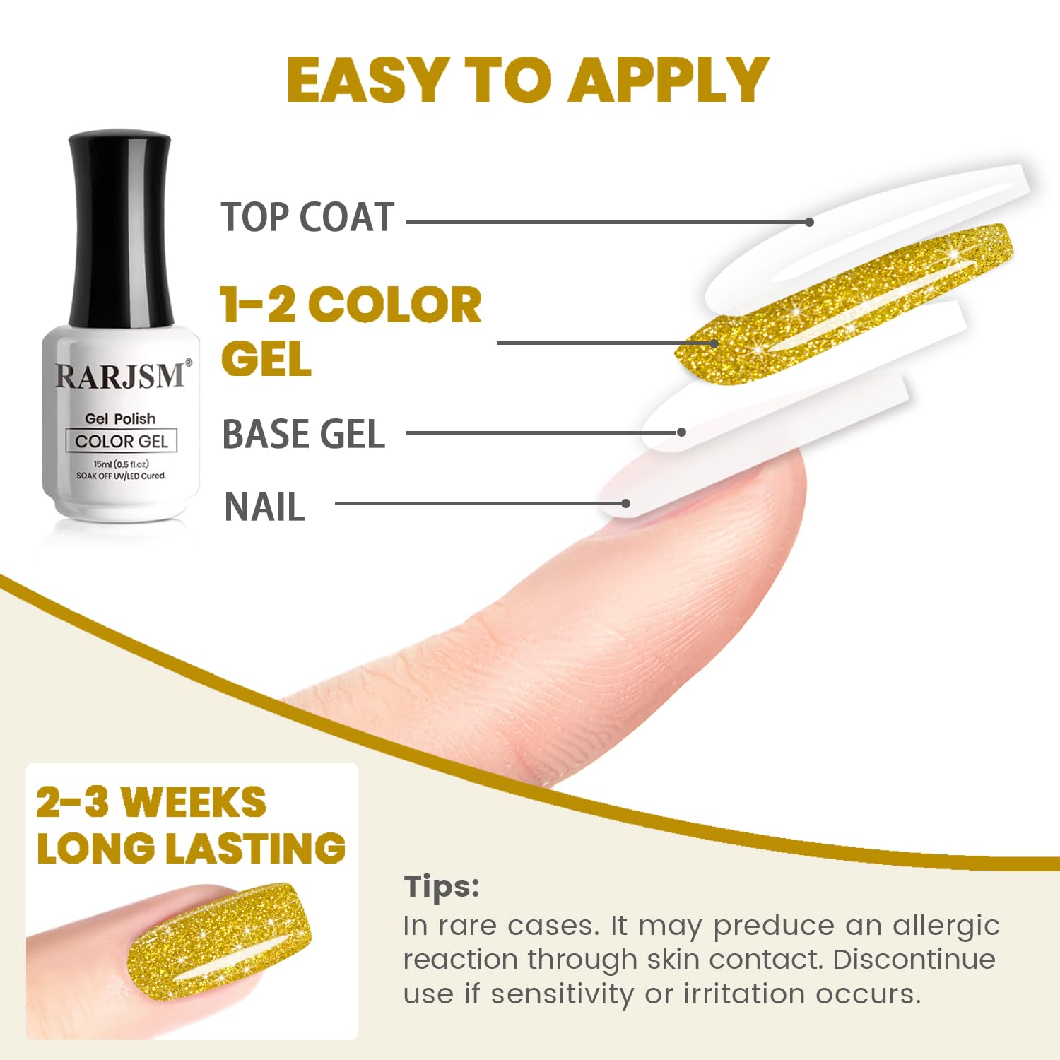 Easy to apply top coat 1-2 color gel base gel nail 2-3 weeks long-lasting tutorial tips allergic reaction sensitivity golden
