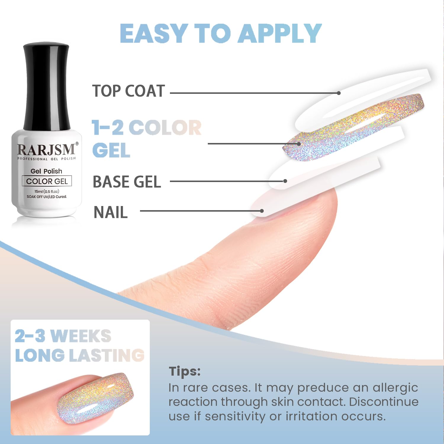 Easy to apply holographic gel polish top coat 1-2 color gel base gel nail 2-3 weeks long-lasting tutorial
