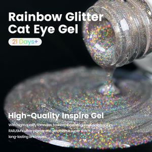 Rainbow glitter cat eye gel 21 days long-lasting high-quality inspire gel ultra-pigmented fashion-forward blue purple
