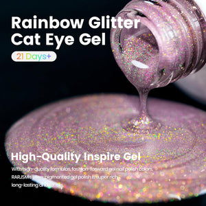 Rainbow glitter cat eye gel 21 days long-lasting high-quality inspire gel ultra-pigmented fashion-forward
