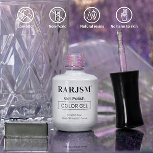 Rainbow Purple Pink holographic glitter gel polish on nails pink lilac base rainbow aurora sparkle magical effect
