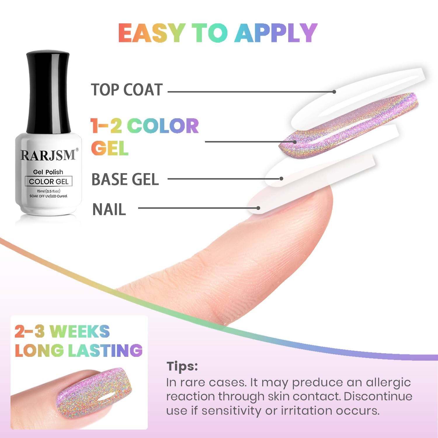 Easy to apply holographic gel polish top coat 1-2 color gel base gel nail 2-3 weeks long-lasting tutorial
