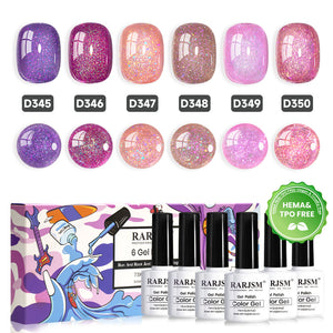TPO HEMA free glitter gel polish bottles 6 colors set low odor non-toxic EU certified safe vegan formula
