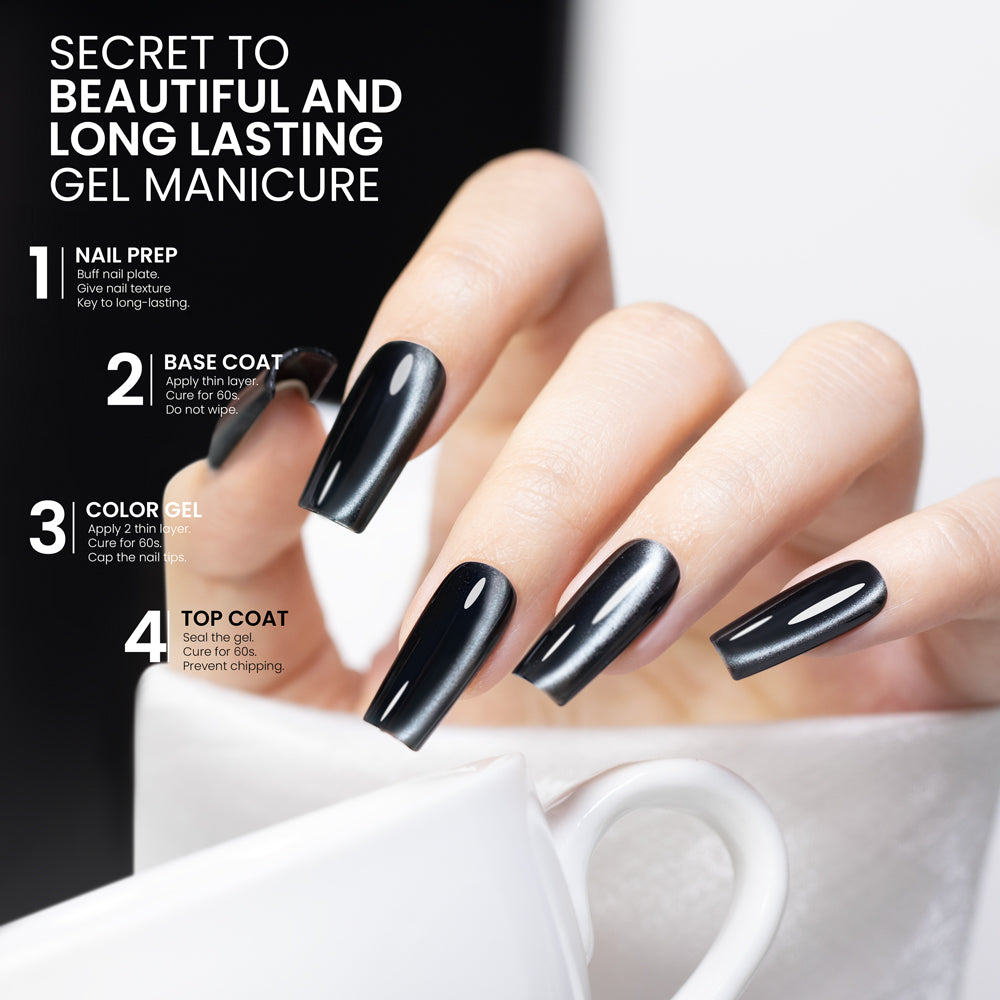 Secret to beautiful long-lasting gel manicure nail prep base coat color gel top coat tutorial 4 steps
