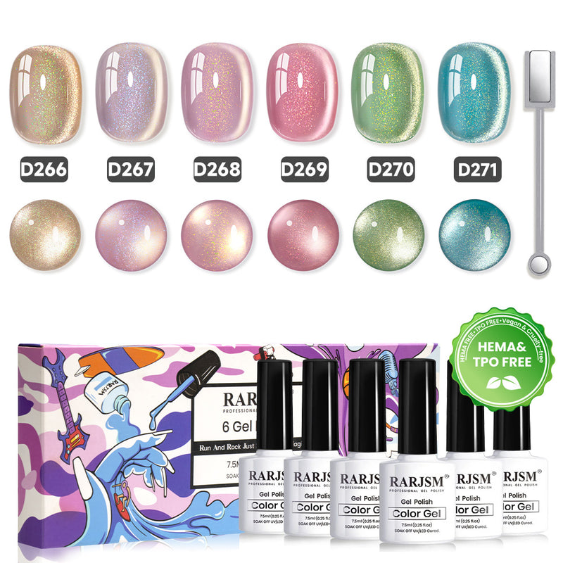 RARJSM Twilight Whispers cat eye gel polish 6 bottles 7.5ml D266-D271 magnetic wand HEMA TPO free vegan soft shimmer dreamy pastel
