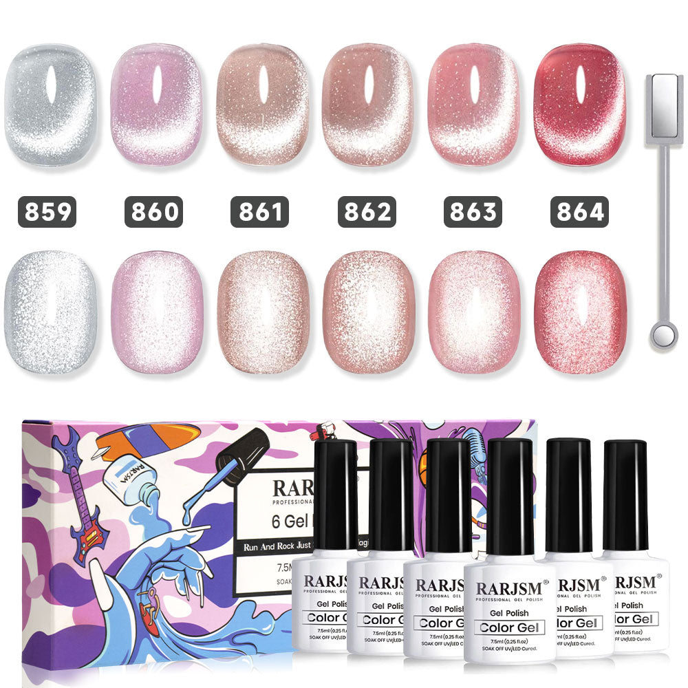 Complete 6-color sparkle diamond cat eye gel polish set 859-864 with magnetic stick showing silver pink nude rose gold gradient shades
