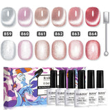 Complete 6-color sparkle diamond cat eye gel polish set 859-864 with magnetic stick showing silver pink nude rose gold gradient shades
