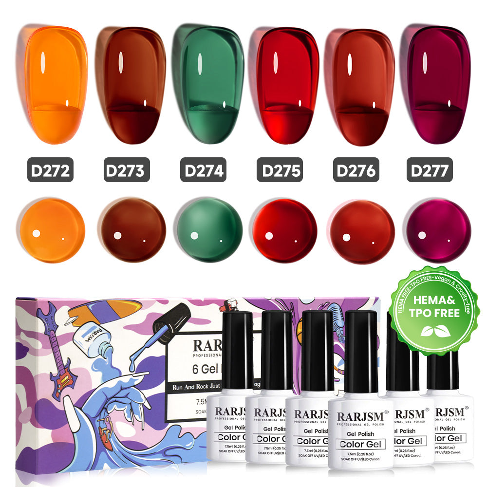 RARJSM Autumn Crystal Glass jelly gel polish 6 bottles 7.5ml D272-D277 HEMA TPO free vegan translucent sheer glow

