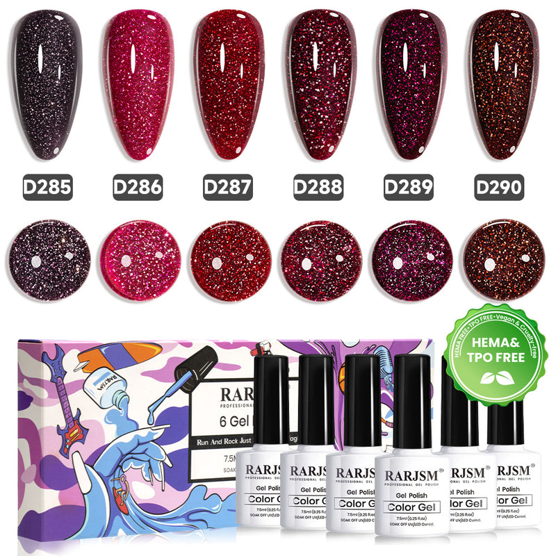 RARJSM Starry Night red glitter gel polish 6 bottles 7.5ml D285-D290 HEMA TPO free vegan deep cosmic shimmer
