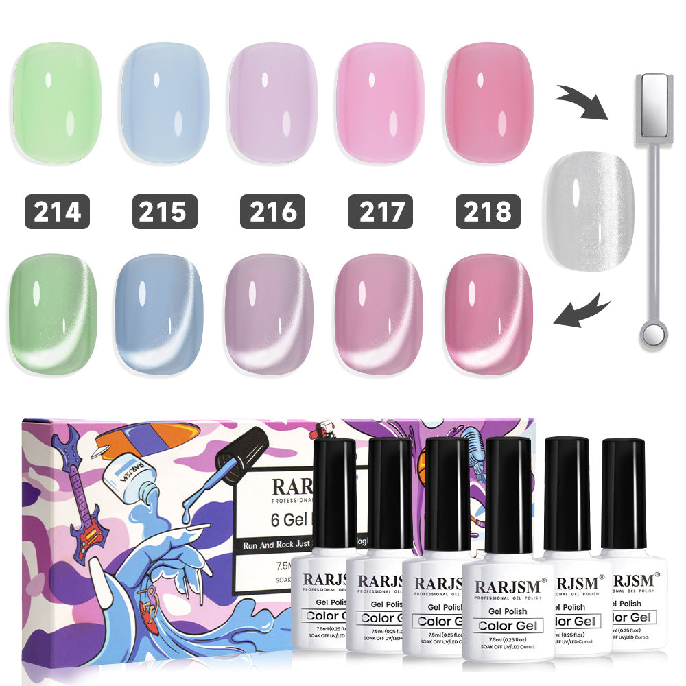Spring whimsy macaron meets cat eye gel polish 6 colors set 5 soft pastels 1 white cat eye topper 2 effects vanilla beam magnet
