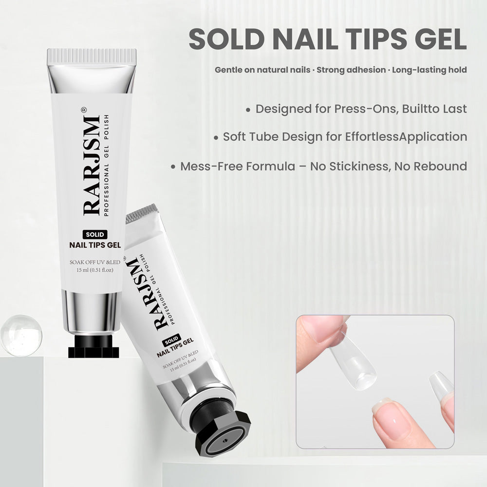 Solid nail tips gel press-on nails strong adhesion long-lasting hold gentle natural nails soft tube design mess-free formula

