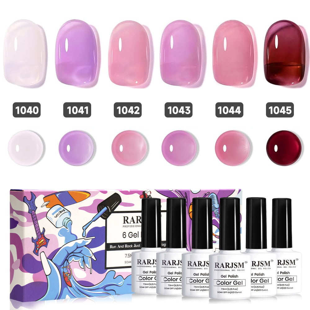 Complete 6-color rose garden amber jelly gel polish set 1040-1045 with professional 7.5ml bottles showing pink purple wine gradient
