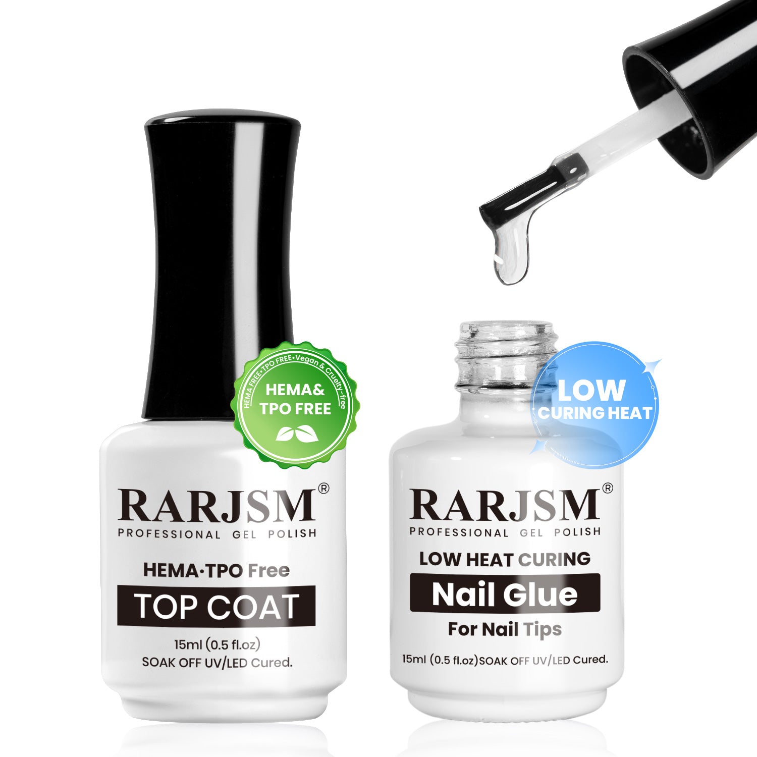 RARJSM Low Heat Curing Nail Glue Gel and HEMA TPO Free Top Coat Set 15ml 2pcs - Low Curing Heat Badge EU Certified Vegan Cruelty Free
