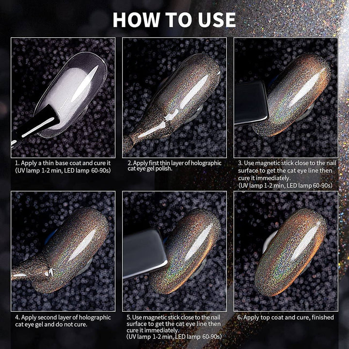 RARJSM ®2-IN-1 Holographic Rainbow Galaxy Cat Eye Gel Nail Polish Set