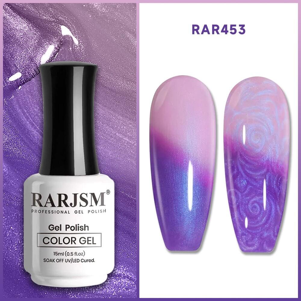 Blue purple temperature changing gel texture smooth self-leveling pearl shell thread formula close-up with brush
