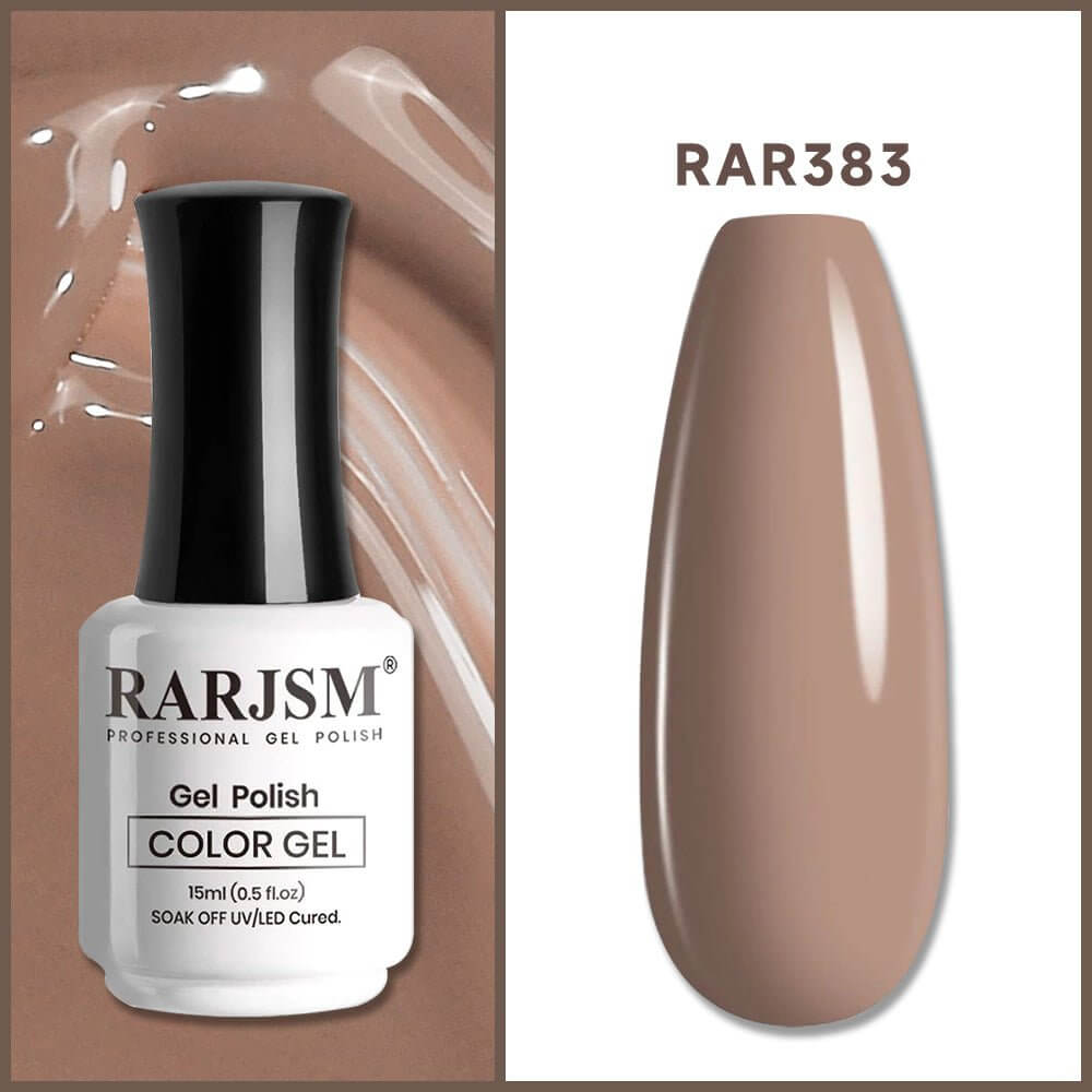 RARJSM Chocolate Brown RAR383 gel polish bottle with nail tip swatch warm brown creamy finish
