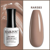 RARJSM Chocolate Brown RAR383 gel polish bottle with nail tip swatch warm brown creamy finish

