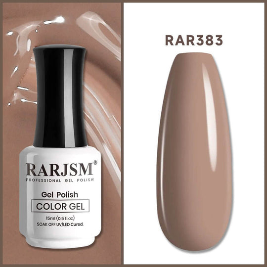RARJSM Chocolate Brown RAR383 gel polish bottle with nail tip swatch warm brown creamy finish
