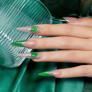Green Glitter Cat Eye Nails Shiny Magic Starlight Effect