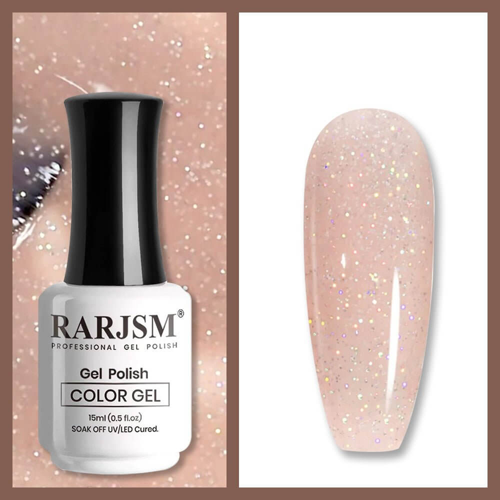 RARJSM Gray Pink Rainbow Shimmer RAR478 gel polish bottle 15ml with iridescent glitter nude finish swatch TPO HEMA free
