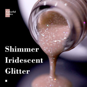 Shimmer iridescent glitter colorful series gray pink gel polish texture ultra-fine holographic sparkles close-up
