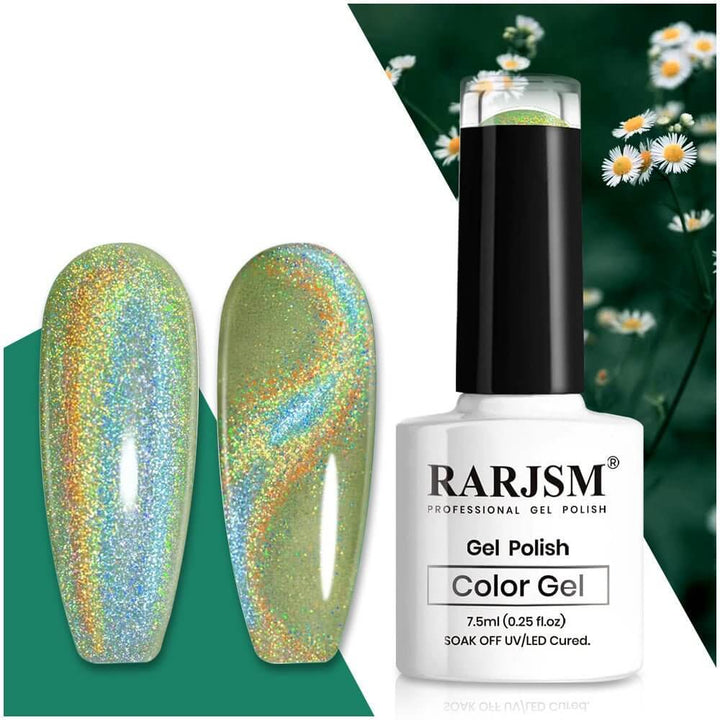 RARJSM ®Green 9D Holographic Rainbow Galaxy Cat Eye Gel Polish 7.5ml