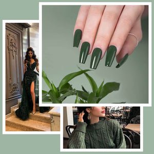 Hunter green manicure lifestyle collage - long coffin nails with plant leaves, elegant black dress fashion, cafe scene sophisticated look
