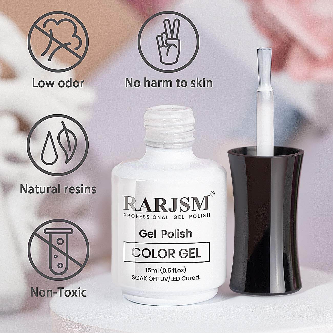 RARJSM gel polish safety features - low odor non-toxic natural resins no harm to skin TPO HEMA free certified
