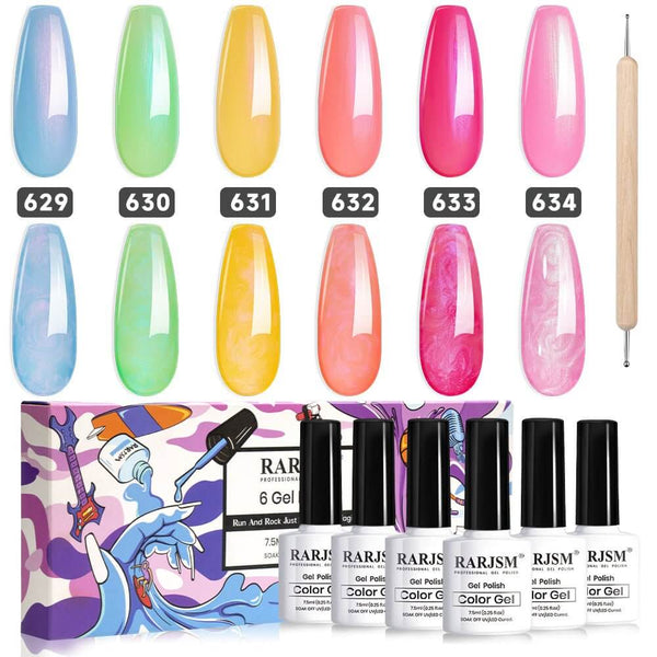 Neon Rainbow Series 2-in-1 Thread pearl gel nail polish 6 Colors Set 7.5ml - RARJSM