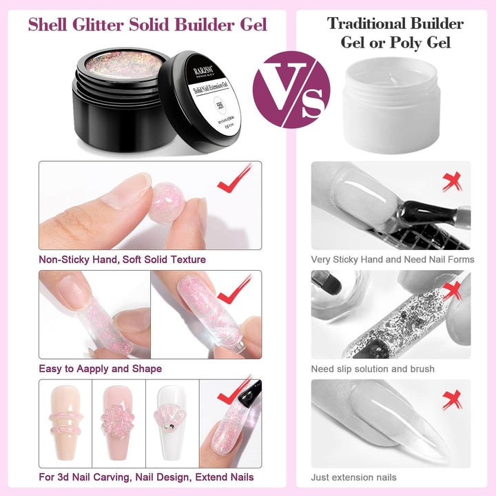 Orange Pink Glitter Shimmer | 5 In 1 RARJSM ®Non-Stick Hands Solid Builder Gel Kit | 60g