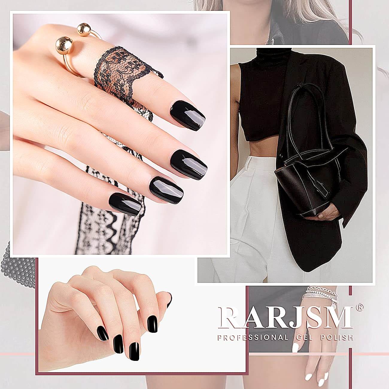 Pure black manicure short square nails classic elegant look with lace gloves and gold jewelry
