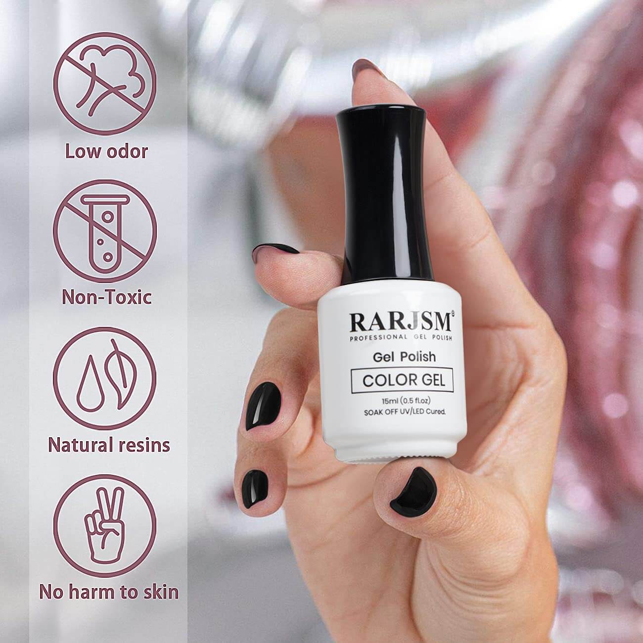 RARJSM gel polish safety features - low odor non-toxic natural resins no harm to skin TPO HEMA free certified
