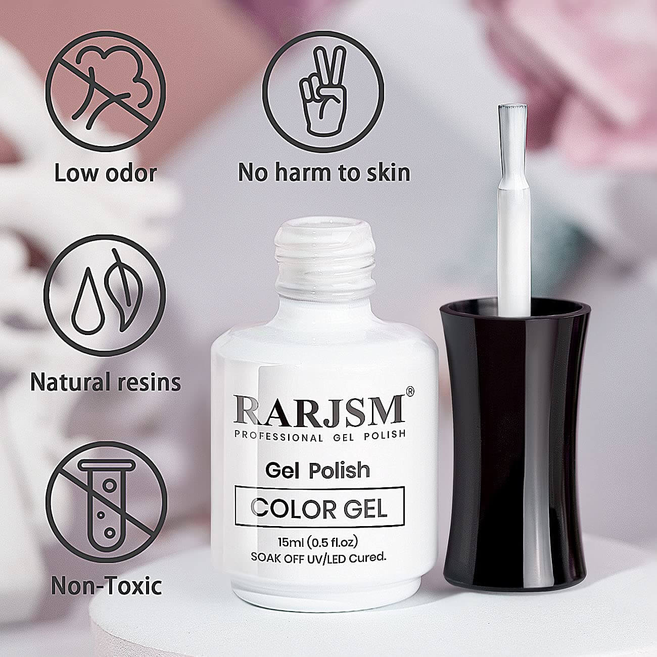 RARJSM gel polish safety features - low odor non-toxic natural resins no harm to skin TPO HEMA free certified
