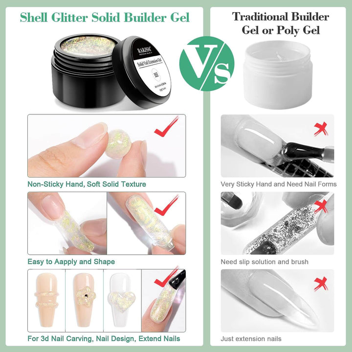 Purple Green Glitter Shimmer | 5 In 1 RARJSM ®Non-Stick Hands Solid Builder Gel Kit | 60g